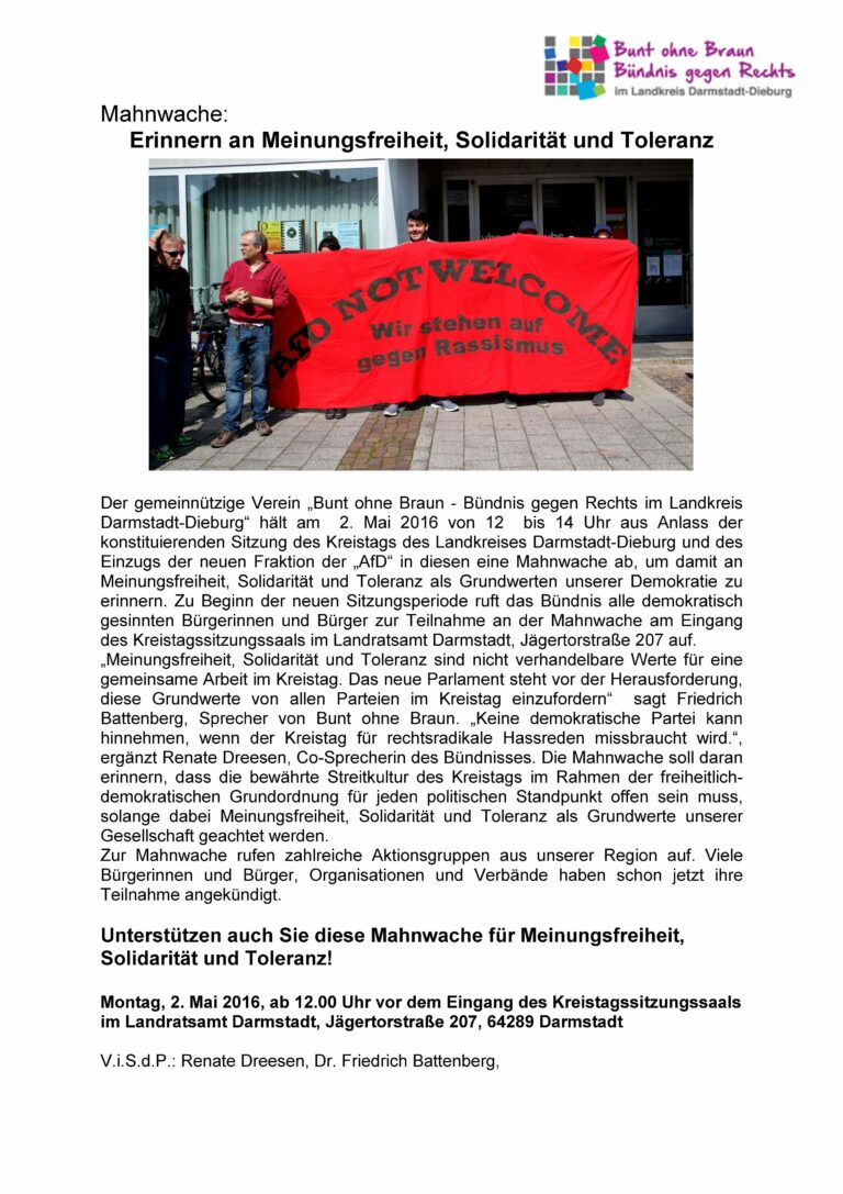 Mahnwache:  Erinnern an Meinungsfreiheit, Solidarität und Toleranz
