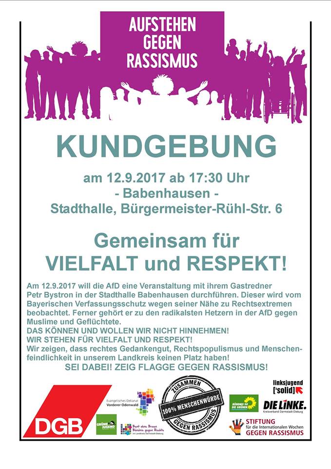 Kundgebung 12.9.17 ab 17:30 Uhr Babenhausen – Stadthalle, Gemeinsam für VIELFALT und RESPEKT