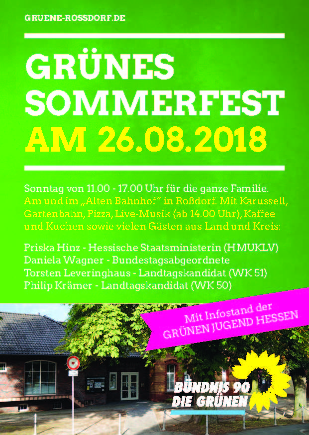 GRÜNES Sommerfest in Roßdorf 26.8.2018 von 11.00 bis 17.00 Uhr
